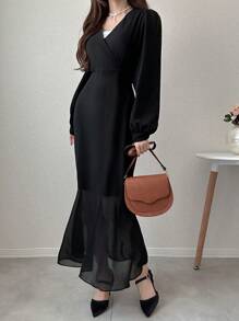 FRIFUL Robe longue pour femme, robe longue noire de haute qualité, robe élégante pour dames en automne, robe à manches longues