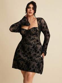 SHEIN BAE Vestido casual corto de mujer de unicolor con cuello de corazón y mangas largas