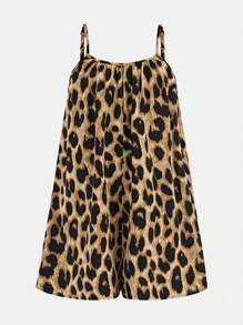 SHEIN 青少年女孩休闲度假时尚豹纹宽松吊带连体衣 - 棕色 - 查看 2