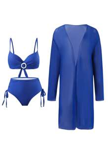 SHEIN Women Casual Tight Blue Sexy High Waist Elegant Holiday Beach 3 Pieces Swimwear Set For Summer Beach Vacation - Blue - View 6