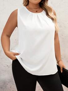 SHEIN CURVE+ Plus Size Summer Casual Sleeveless Solid Color Shirt,Summer Outfits For Women,Bohemia,Vacation Graduation Dress/ Graduation Dresses For Women/ White Graduation Dress/ Graduation Outfit.Beach Outfits For Woman/Beach Dress/Beach Vacation Outfits/Beach Essentials / Graduation/Tea Party Dress - White - View 9
