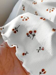 Comfortcana Women's White Ditsy Floral Rib Knit Halter Crop Top: Boho Style With Lettuce Trim And Asymmetrical Hem - White - View 6