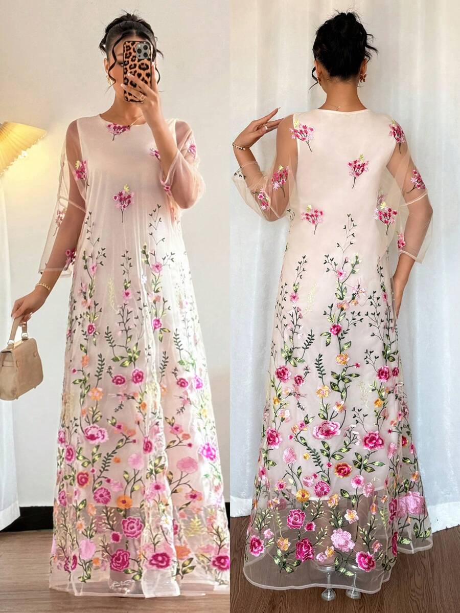 Islaluna Women's Elegant Floral Embroidered Maxi Dress With Round Neck And Short Sleeves - Hot Pink - View 1