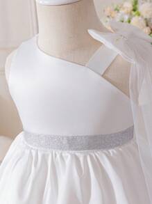SHEIN Glamorique Kids Baby Girl Flower Girl Removable Big Bow Shoulder Wedding Dress, Elegant Mesh Dress Suitable For Wedding, Festivals, Parties, Summer Baby Dress Girl Wedding Princess Dress For Girls Baby Girls Dresses Baby Elegant Dress Baby Girl Dress Wedding
