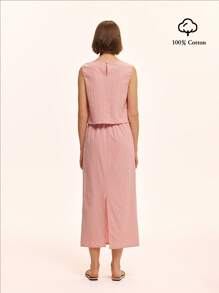 Chiquease Artistic Style Solid Color Cotton Short Top + Slit Back Skirt Set, Comfortable Casual Holiday Vacation Two Pieces - Baby Pink - View 2