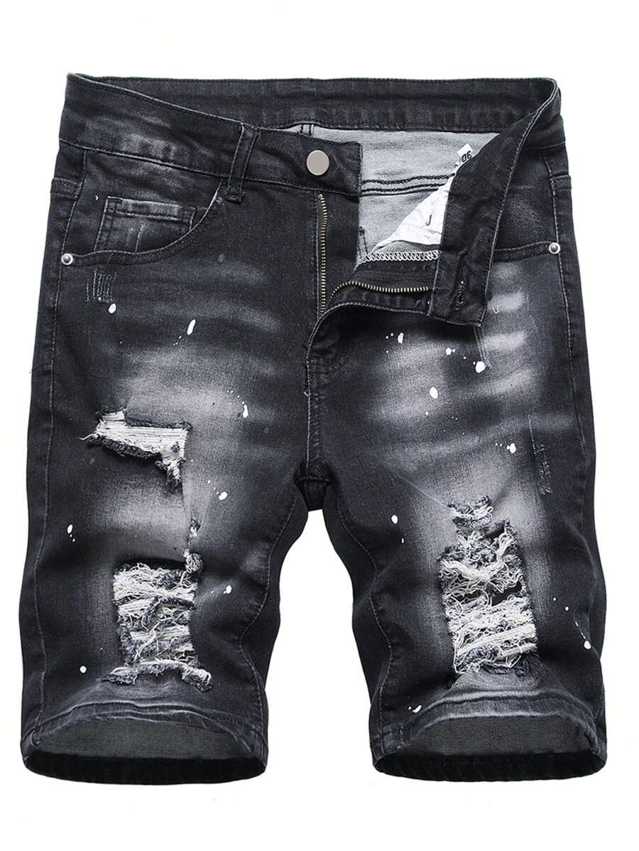 Manfinity LEGND Plus Size Men's Casual Distressed Denim Shorts, Summer Going Out Urban Hang Out Vacation Street, Emo Style - Black - View 1