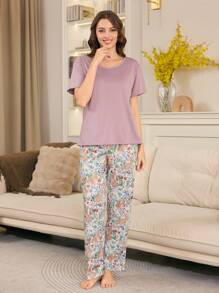2 件套女士服装套装，纯色上衣和印花花卉图案裤子，时尚舒适的休闲夏季家居服，母女搭配套装 - 紫色 - 查看 5