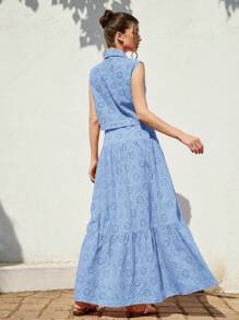 Aveloria Rosie Conjunto Elegante Francês de Férias com Camisa de Gola e Camiseta Sem Manga Solta com Pregas Intencionais e Saia Longa Tipo A-Line, Bordado, Conjunto de Duas Peças para Mulheres