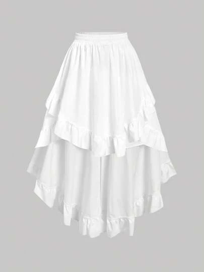 SHEIN MOD Plus Size Women White Ruffled Hem A-Line Skirt, Vintage White Layered Skirt