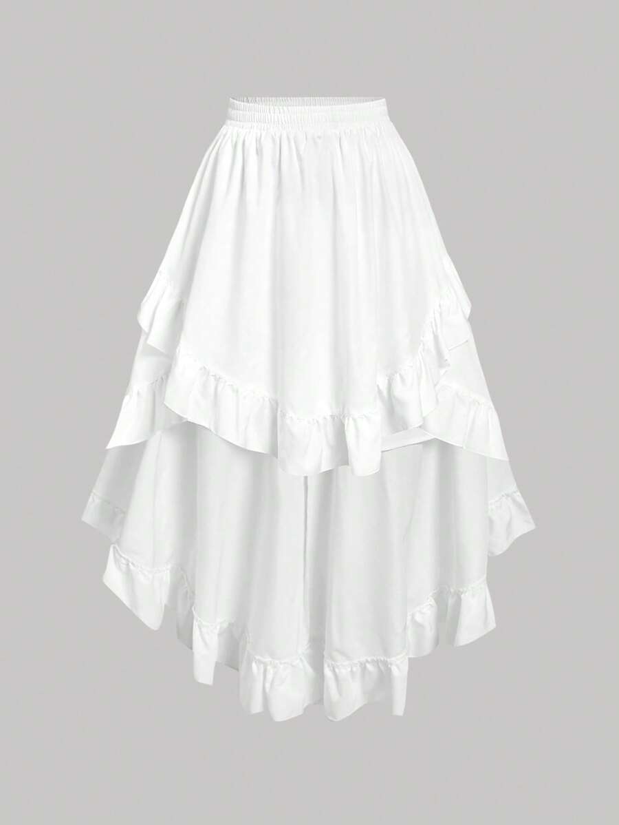 SHEIN MOD 大码女式白色荷叶边下摆 A 字裙,复古白色多层裙 - 白色 - 查看 1