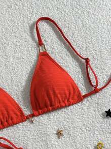 SHEIN Swim Women's Solid Color Red Textured Fabric Bikini 2 Pieces Swimsuit Set, Vacation & Party For Summer - Red - View 3