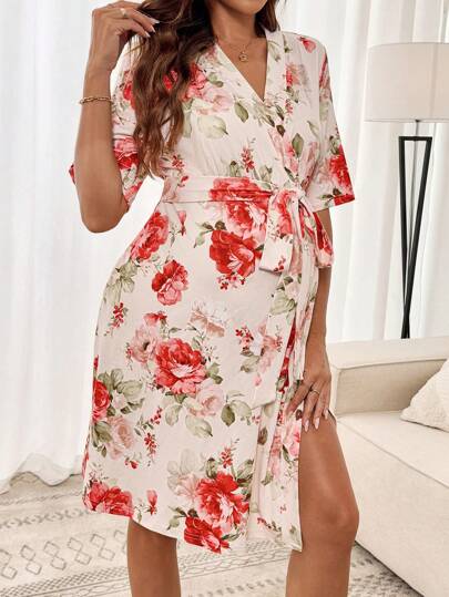 SHEIN Pink Floral Maternity Labor And Delivery Dress: Knitted Jersey, Waterfall Neckline, Half Sleeves, Wrap Detail, And Long Length For Comfort And Style