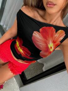 SHEIN Essnce Blusa aderente con colletto asimmetrico e stampa floreale da donna