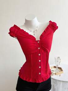 Elamini Blusa de mujer de manga corta con cuello en V, volantes y abotonadura sencilla para uso casual y de vacaciones, color rojo