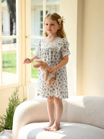 Girls' Elegant Casual Ditsy Floral Dress With Bowknot, Ruffle Cuff, Apricot Color Young Girls Clothing Dresses Young Girls Clothing Cute Young Girls Clothing Spring Young Girls Clothes Girl Clothes For Kids Young Girls Dresses Girl Clothes For Kids Young Girls Dresses Young Girls Dresses