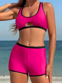 Swim SPRTY 2pcs Women Surfing Hollow-Out Trim Pink & Black Bikini Set, Beach Vacation Sports Swimwear, Spring/Summer - Multicolor - View 6