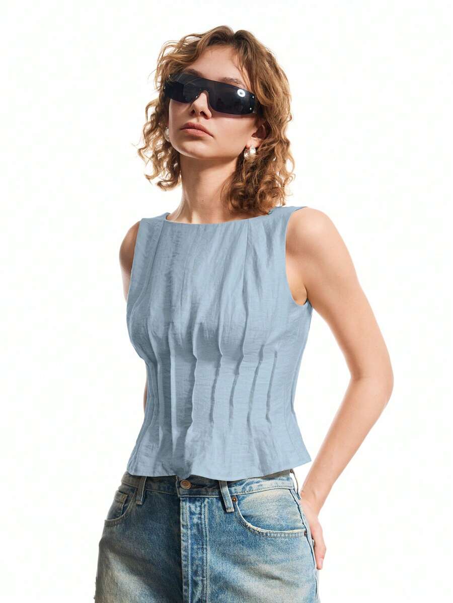 LYSMO Women's Solid Color Round Neck Ruched Waist Fashion Tank Top - Blue - View 1