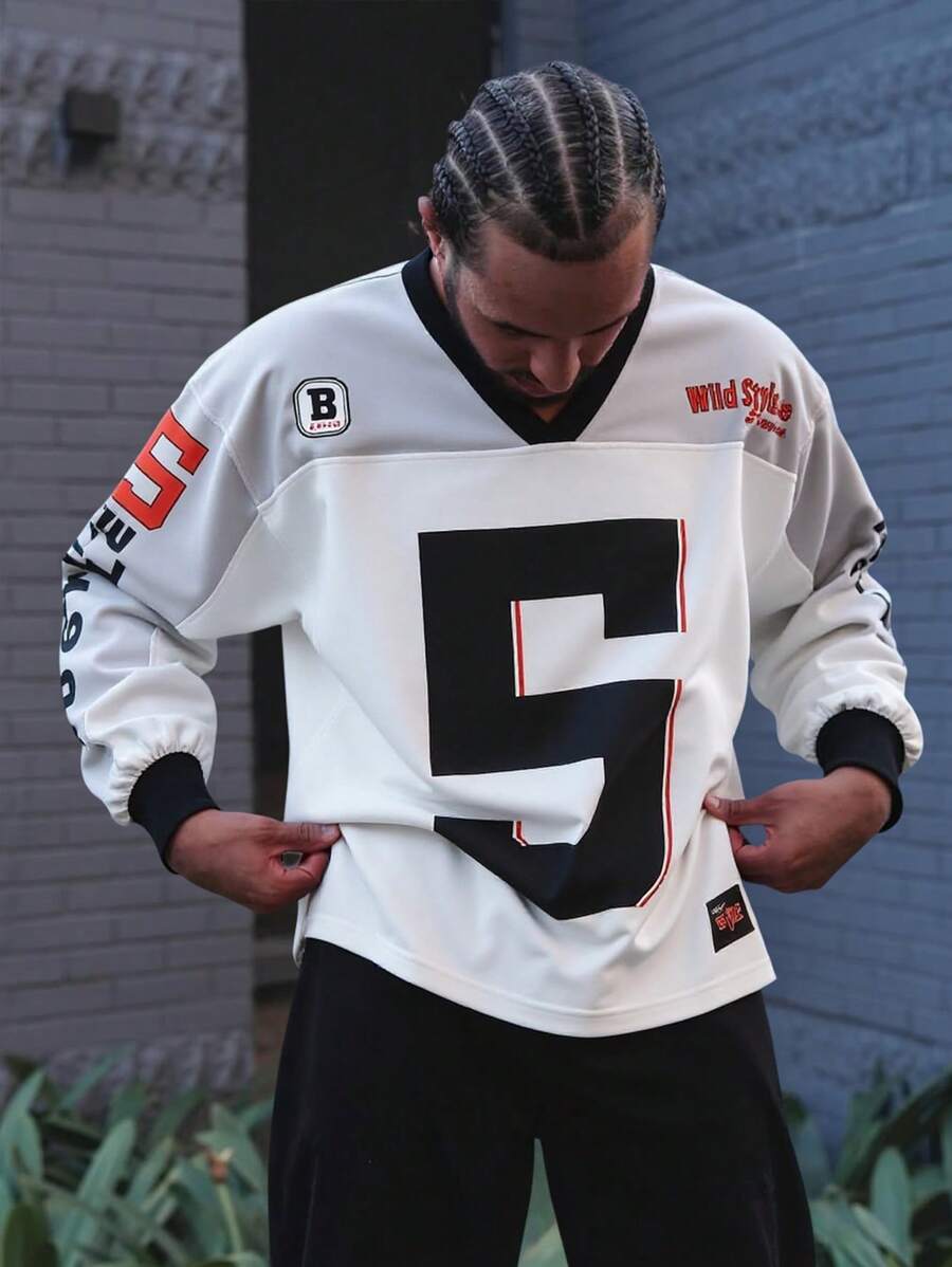 Men's Loose Fit Numeric Print Long Sleeve Pullover Sweatshirt - Apricot - View 1