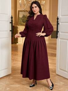 Modelyn Plus Size Solid Color Long Sleeve Burgundy Dress, Fashionable For Summer Flowy Dress - Burgundy - View 5