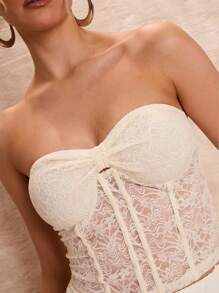 Glamine Spring & Summer Romantic Vacation Solid Color See-Through Lace Tube Top Gathered Breast Cup Women's Top,Back To School Clothes Women Tops,Spring Dress&Summer Dress Corset Top,White Women Dresses Festival Outfits&Music Festival,Rave Festival Outfits,Wedding Guest Summer,Shien Frenchy