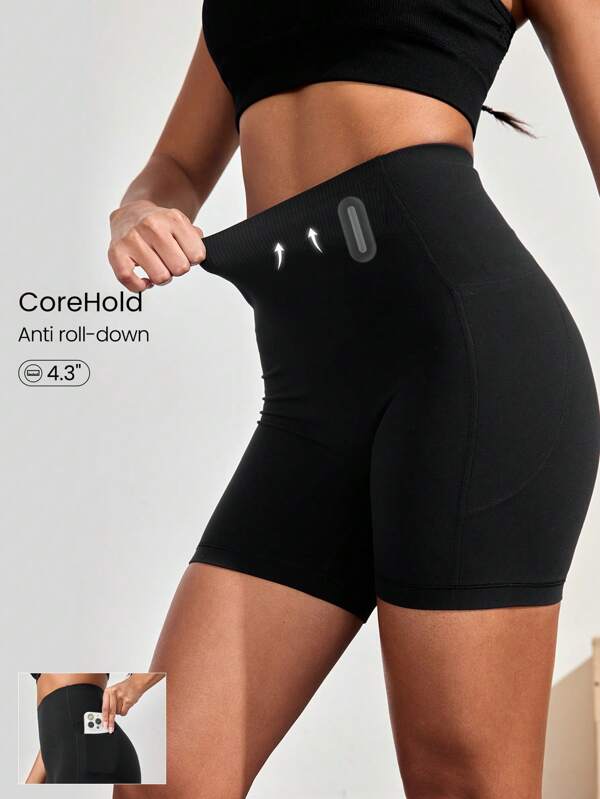 GLOWMODE 4.3" CoreHold FeatherFit™-Sculpt Pavement Pusher No Front Seam Corset Support Tummy Control Biker Shorts With Side Pockets Non-Slip Strips Medium Impact Running Jogging Training Gym Workout