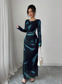 Elenzga Đầm Maxi Ôm Body Bằng Vải Tuyn Co Giãn Ombre In Hoa Thanh Lịch Cho Nữ - Màu xanh bạc hà - Xem 4