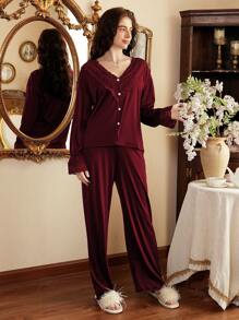 Côtesoire 2pcs/Set Ladies Elegant Lace Trim V-Neck Sleepwear Pajama Set Holiday Season, Fall Winter Clothes - Multicolor - View 4