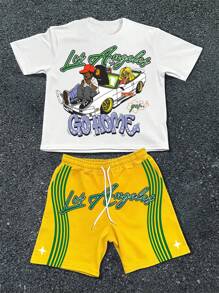 Manfinity Roghcode 2pcs/Set Men's Letter & Character Print Crew Neck Short Sleeve T-Shirt And Drawstring Waist Shorts Casual Outfit - Multicolor - View 1