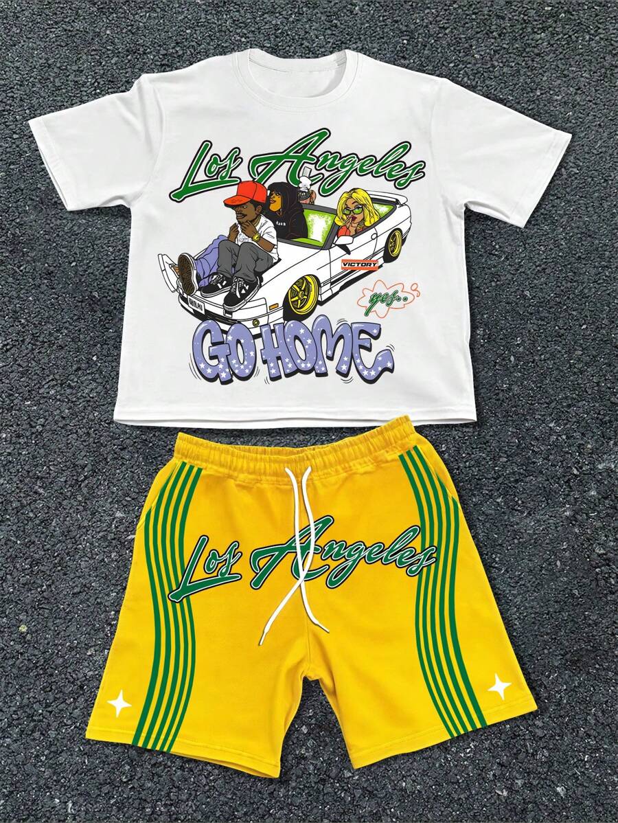 Manfinity Roghcode 2pcs/Set Men's Letter & Character Print Crew Neck Short Sleeve T-Shirt And Drawstring Waist Shorts Casual Outfit - Multicolor - View 1