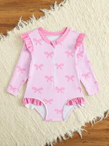 Baby Girl Bowknot Striped Ruffled One-Piece Swimsuit With Zipper Swimsuit Long Sleeve Girls Swimsuit Kids Swimsuits Long Sleeve Kids Swimsuit Long Sleeve Girls Long Sleeve Swim Suits Swim Suit For Girls Long Sleeve