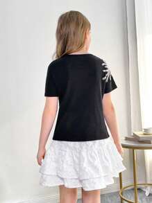 SHEIN Tween flicka enfärgade juveler utsmyckning crew Neck monterad kortärmad T-shirt - Svart - Visa 3