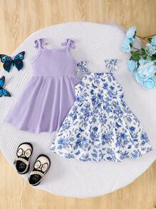 SHEIN 2 chiếc váy dây in hoa cổ điển thanh lịch dễ thương và vui nhộn cho bé gái, phù hợp cho lễ hội, sinh nhật, hoạt động ngoài trời, trang phục thường ngày, kỳ nghỉ, lứa tuổi 3 tháng - 3 tuổi - Nhiều màu - Xem 2
