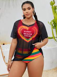 Slaydiva Plus Size Women's 3 Piece Set Patterned Sheer Cover Up, Adjustable Strap Top And High Waisted Bottoms Swimsuit For Summer Beach Vacation - Multicolor - View 3