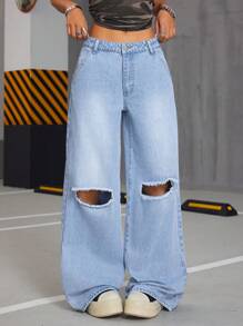 SHEIN ICON Jeans casual lavati a vita bassa strappati con gamba larga da donna