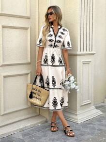 SHEIN LUNE 复活节连衣裙 黑色和杏色数码印花短袖前开中长连衣裙，适合夏季度假 女士白色连衣裙 女士中长连衣裙 女士连衣裙 夏季女装 夏季连衣裙 女士夏季连衣裙 新品 女士连衣裙 演唱会服装 女士度假服装 女士/海滩度假服装 波西米亚风女装 婚礼宾客系带前开连衣裙 - 杏色 - 查看 1