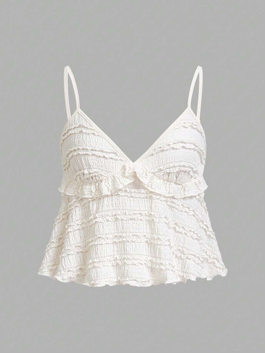 Sweetina Solid Color Ruffle Trim Jacquard Fabric Camisole, Summer Lace - Apricot - View 1