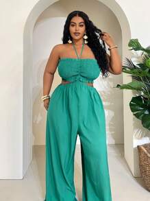 Slaydiva Plus Size Women's Vacation Solid Color Drawstring Waist Cutout Wide Leg Halter Jumpsuit - Green - View 6