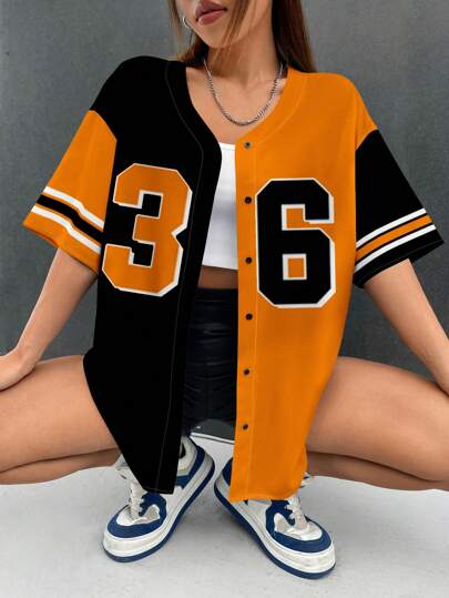 SHEIN EZwear 女式超大前开短袖衬衫棒球服，适合夏季，尺码 36，适合运动比赛