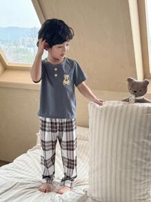 SHEIN Genkimix Kids 2pcs Toddler Boys Casual Bear Graphic Short Sleeve Top And All-Over Plaid Shorts Set, Loungewear - Dark Grey - View 3