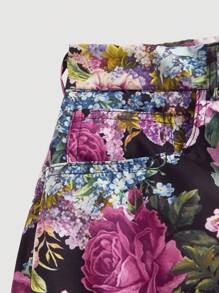 SHEIN MOD 大码女式优雅花卉印花高腰阔腿裤 - 中紫紅色 - 查看 3