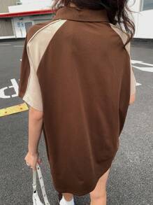 DAZY American Casual Contrast Color Letter Print Loose Polo Collar Short Sleeve T-Shirt For Women, Summer Oversized T-Shirt,Graphic Tees - Brown - View 6