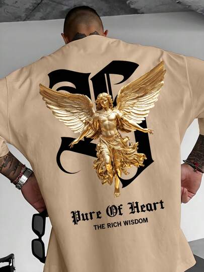 Manfinity Roughcore Camiseta suelta y casual de hombre con estampado de letra escultórica, para verano