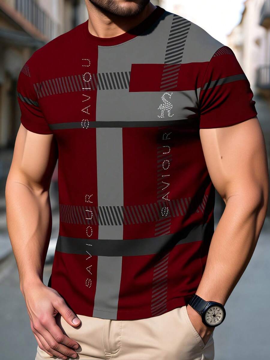 Manfinity Dauomo Áo thun nam cổ tròn tay ngắn in chữ màu tương phản, mùa hè - Nhiều màu - Xem 1