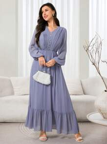 Veilorie Vestido elegante de estilo árabe para mujer con cuello en V, mangas farol y pliegues en color liso