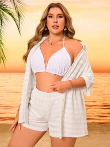 Swim Lushoire 2pcs Plus Size Set - Textured Fabric Shirt And Shorts, Breezy Holiday Outfit For Summer Beach Vacation - White - View 3