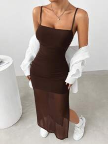 SHEIN EZwear Vestido sin mangas con aberturas altas, volantes y malla de unicolor - Marrón - Ver 4
