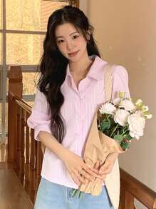DAZY 女士条纹喇叭半袖宽松有领衬衫，春夏秋季 - 淺粉色 - 查看 4
