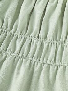 Women's Young Fashion Casual Sweet Style Square Neck Elastic Shoulder Design Ruffle Hem Elasticated Waist Loose Green Bubble Crinkle Short Sleeve Top