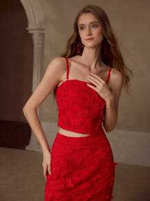 MOTF PREMIUM Women's Elegant Solid Color Embroidered Applique Camisole, Summer - Red - View 6