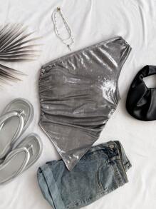 Soleia 单肩褶皱不对称设计银色涂层面料女式上衣，适合节日、约会、下午茶、度假、音乐节、波西米亚风